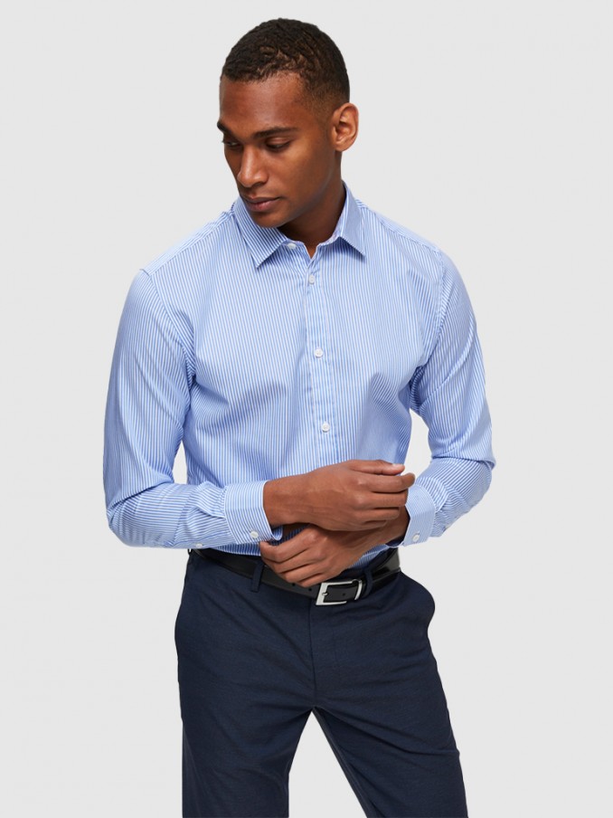 Camisa Hombre Raya Azul Selected