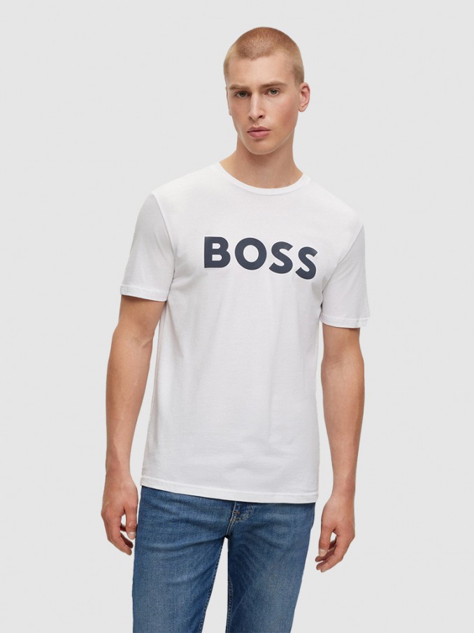Camiseta Hombre Blanco Con Azul Boss - Orange