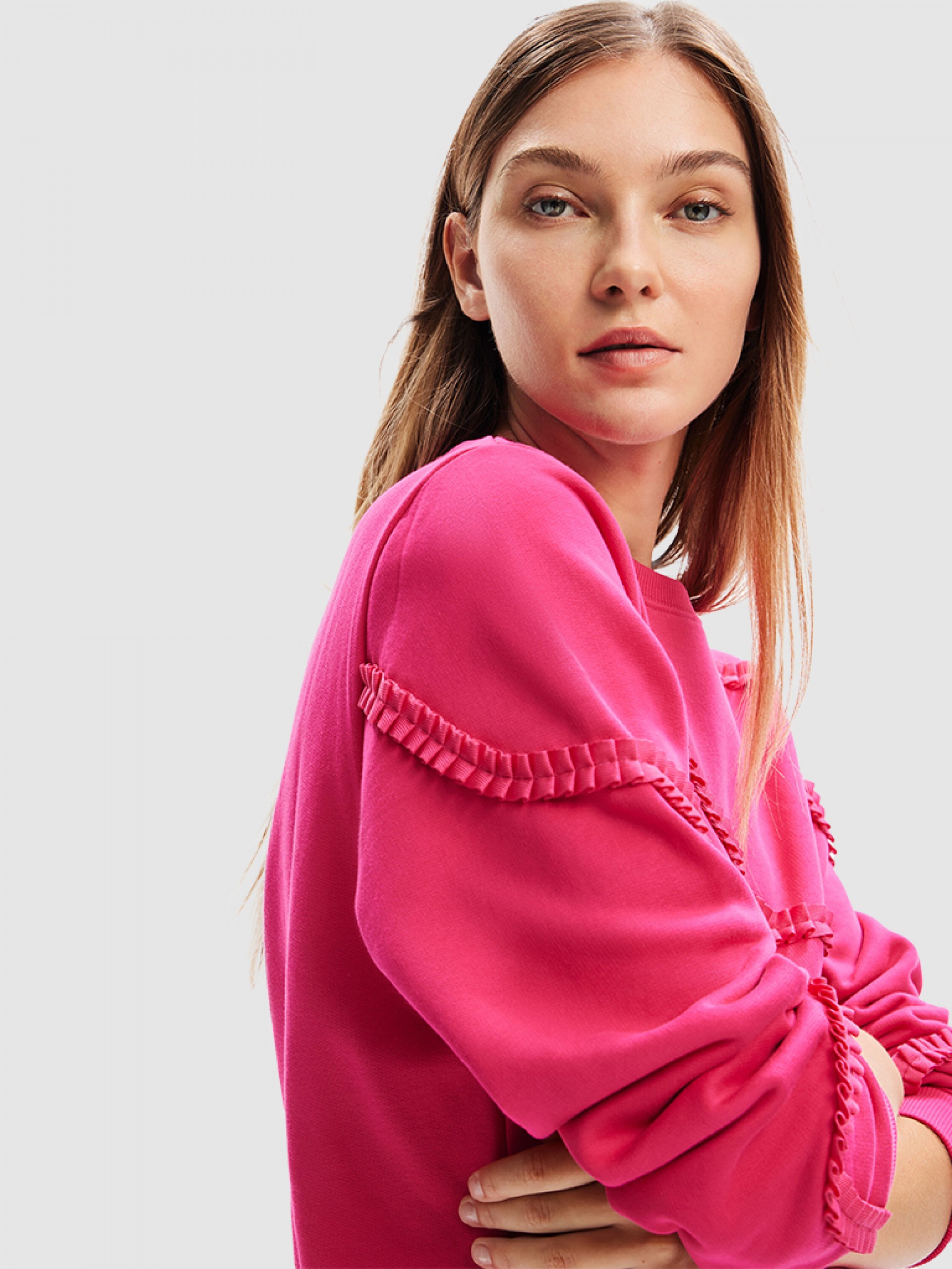 Jersey De Manga Corta Para Mujer Desigual - Color Rosa, Talla L - Composición: 51% Rayón, 21% Poliéster, 20% Algodón, 8% Poliamida