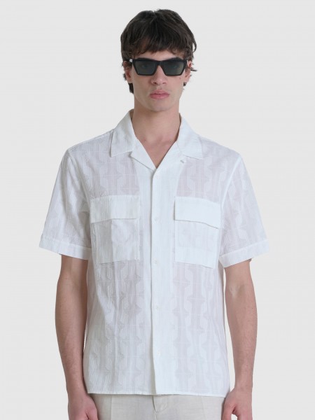 Camisa Homem Shirt Hilo Relaxed Straigth Fit In Dobby Cotton Fabric Abstract Geometric Pattern Anton