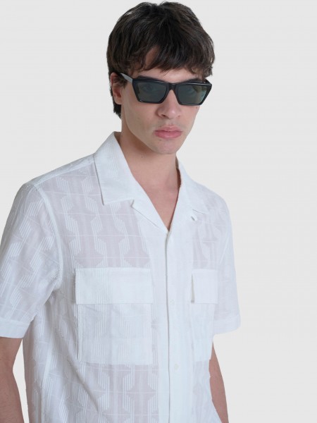Camisa Homem Shirt Hilo Relaxed Straigth Fit In Dobby Cotton Fabric Abstract Geometric Pattern Anton