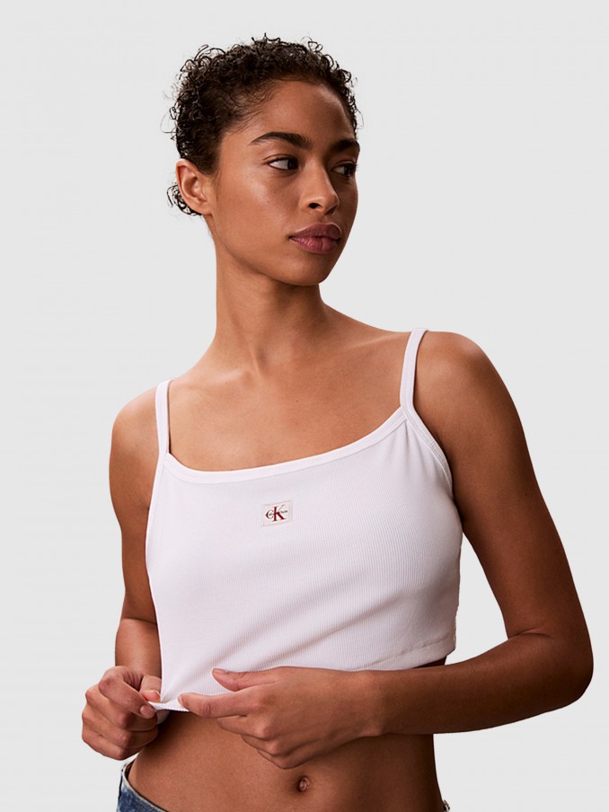 Top Calvin Klein Mulher Sl Woven Label 2X2 Baby Rib Crop