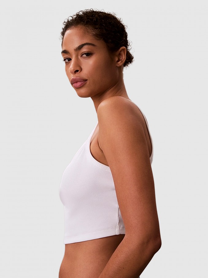 Top Calvin Klein Mulher Sl Woven Label 2X2 Baby Rib Crop