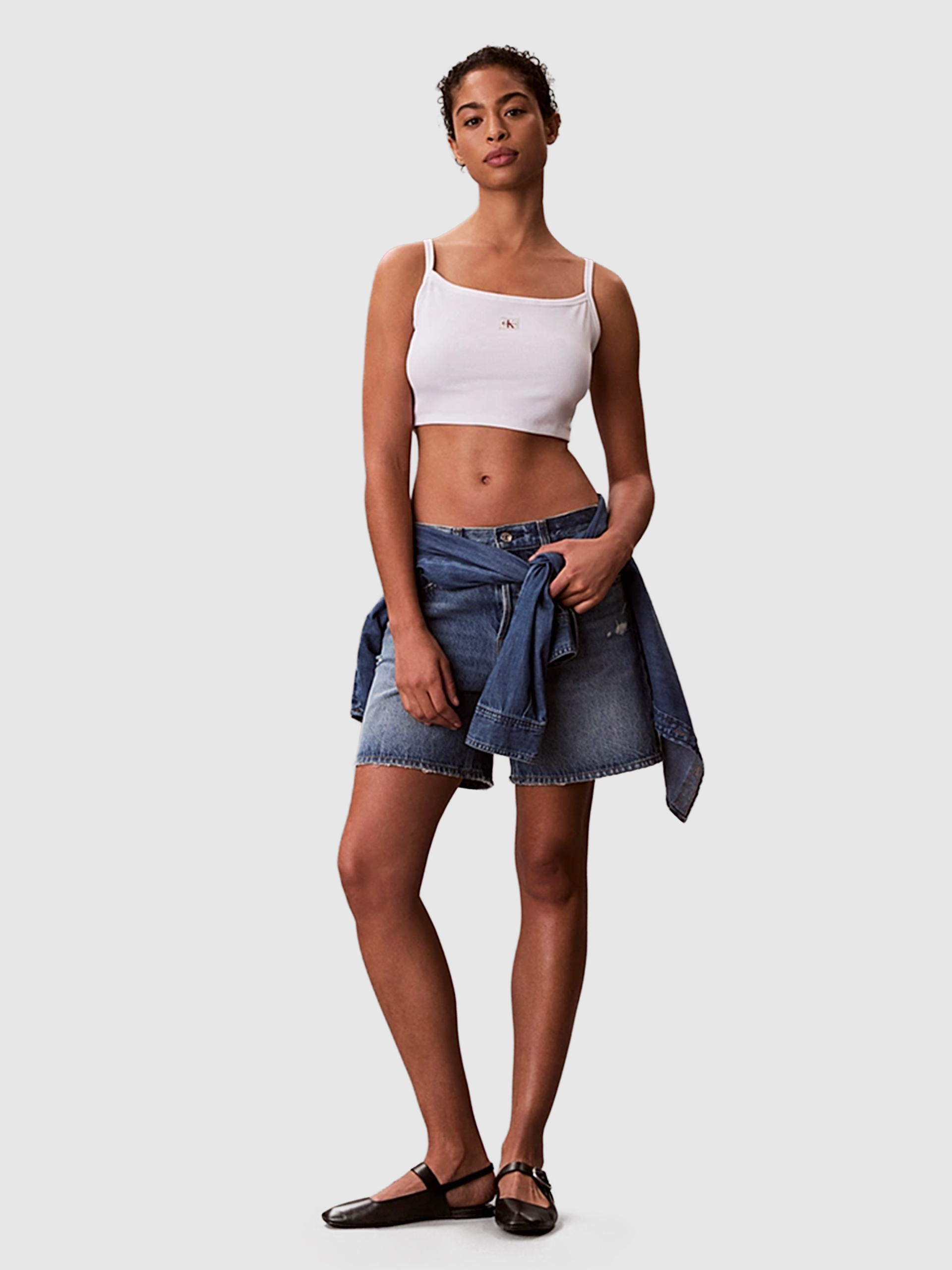 Top Calvin Klein Mulher Sl Woven Label 2X2 Baby Rib Crop
