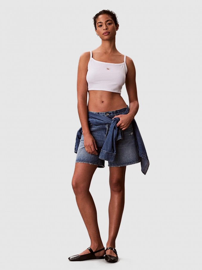 Top Calvin Klein Mulher Sl Woven Label 2X2 Baby Rib Crop