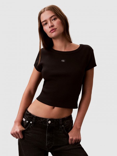 T-Shirt Calvin Klein Mulher A- Woven Label 2X2 Rib Baby Tee