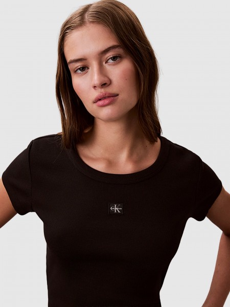 T-Shirt Calvin Klein Mulher A- Woven Label 2X2 Rib Baby Tee