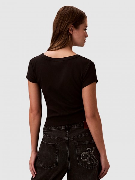 T-Shirt Calvin Klein Mulher A- Woven Label 2X2 Rib Baby Tee