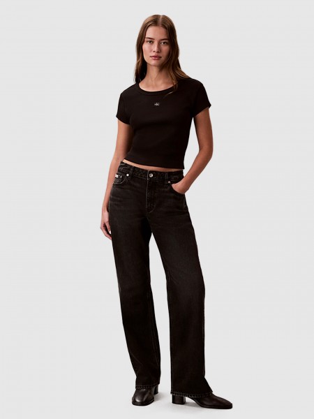 T-Shirt Calvin Klein Mulher A- Woven Label 2X2 Rib Baby Tee