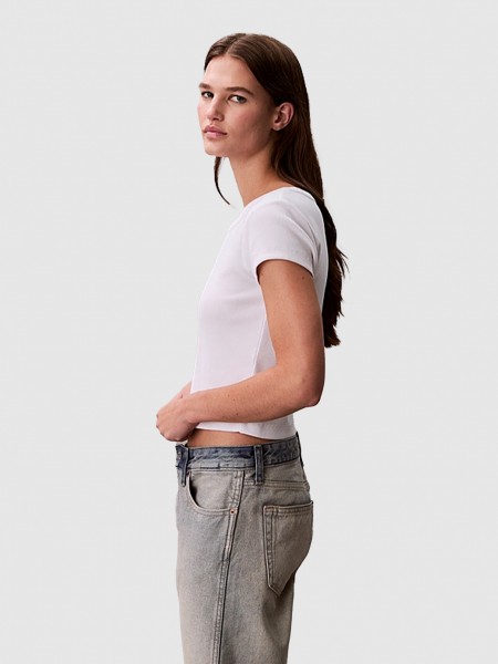 T-Shirt Calvin Klein Mulher A- Woven Label 2X2 Rib Baby Tee