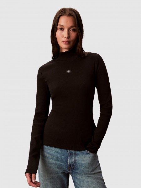 Camisola Calvin Klein Mulher Ls Woven Label 2X2 Baby Rib Turt