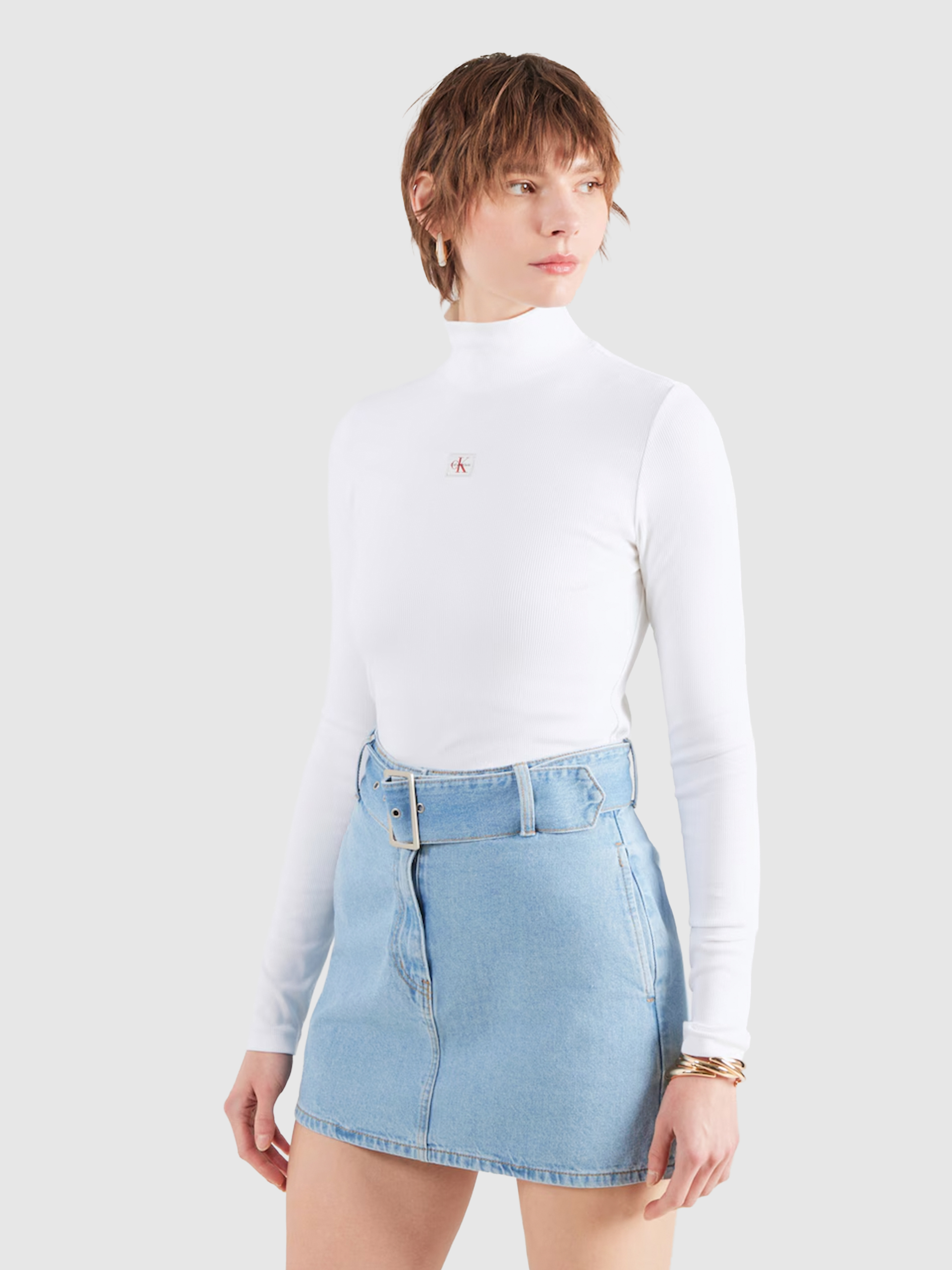 Camisola Calvin Klein Mulher Ls Woven Label 2X2 Baby Rib Turt