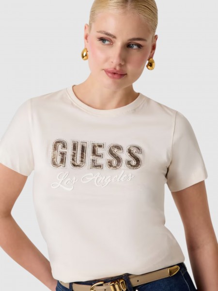 T-Shirt Guess Mulher Ss Cn Snake Script Rhinestone