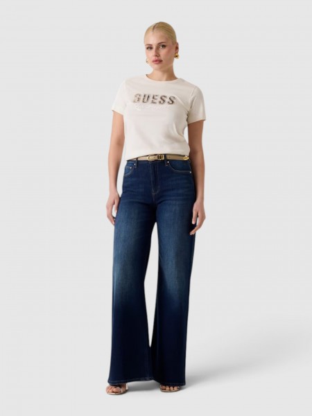 T-Shirt Guess Mulher Ss Cn Snake Script Rhinestone