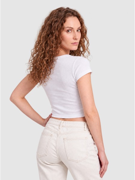 T-Shirt Calvin Klein Mulher A- Woven Label 2X2 Rib Baby Tee