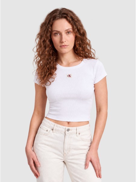 T-Shirt Calvin Klein Mulher A- Woven Label 2X2 Rib Baby Tee