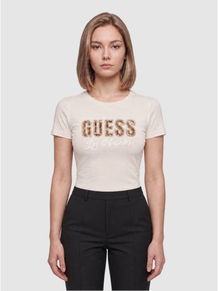 T-Shirt Guess Mulher Ss Cn Snake Script Rhinestone