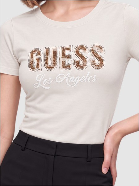 T-Shirt Guess Mulher Ss Cn Snake Script Rhinestone