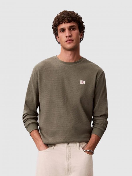 Camisola Calvin Klein  Homem Ls Waffle Woven Label Crewnk Tee