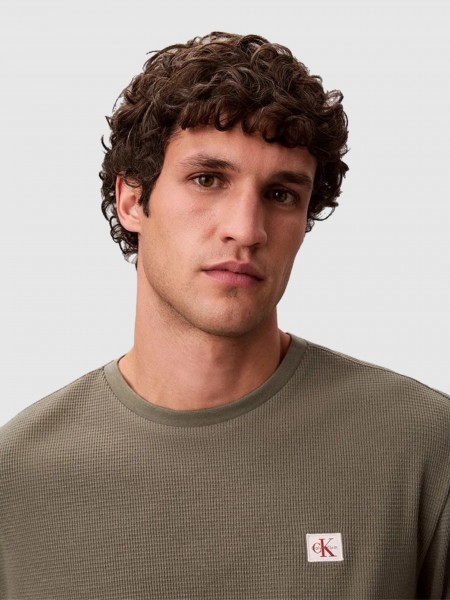 Camisola Calvin Klein  Homem Ls Waffle Woven Label Crewnk Tee